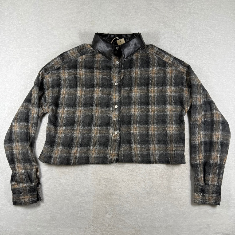 Gilded Intent Grey Plaid Cropped Button Up Faux Leather Collar XS NWT